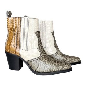 Ganni Color Block Croc Embossed Leather Western Ankle Boots - 39